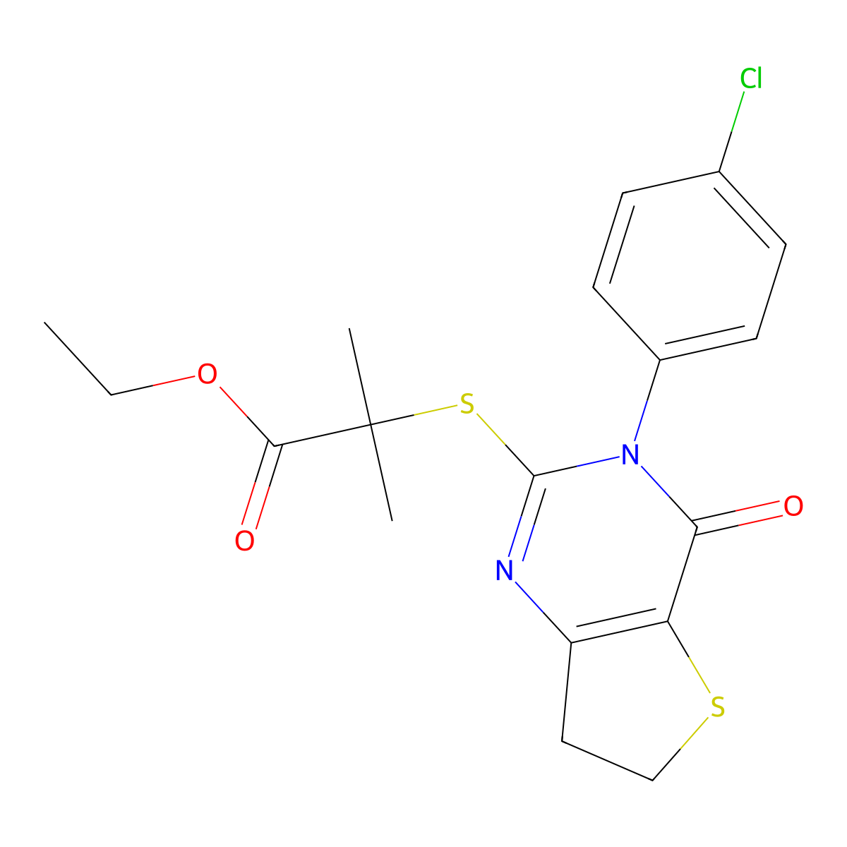 Ethyl 2-[[3-(4-chlorophenyl)-4-oxo-6,7-dihydrothieno[3,2-d]pyrimidin-2-yl]sulfanyl]-2-methylpropanoate molecular structure, CAS 687565-24-8
