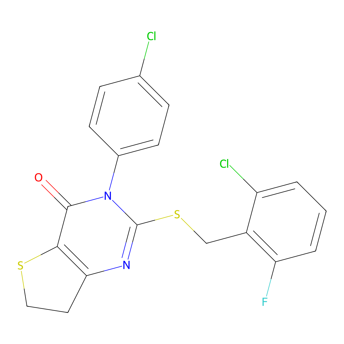 2-[(2-Chloro-6-fluorophenyl)methylsulfanyl]-3-(4-chlorophenyl)-6,7-dihydrothieno[3,2-d]pyrimidin-4-one molecular structure, CAS 687565-79-3