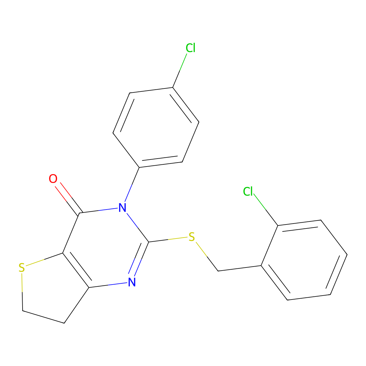 3-(4-Chlorophenyl)-2-[(2-chlorophenyl)methylsulfanyl]-6,7-dihydrothieno[3,2-d]pyrimidin-4-one molecular structure, CAS 687565-84-0