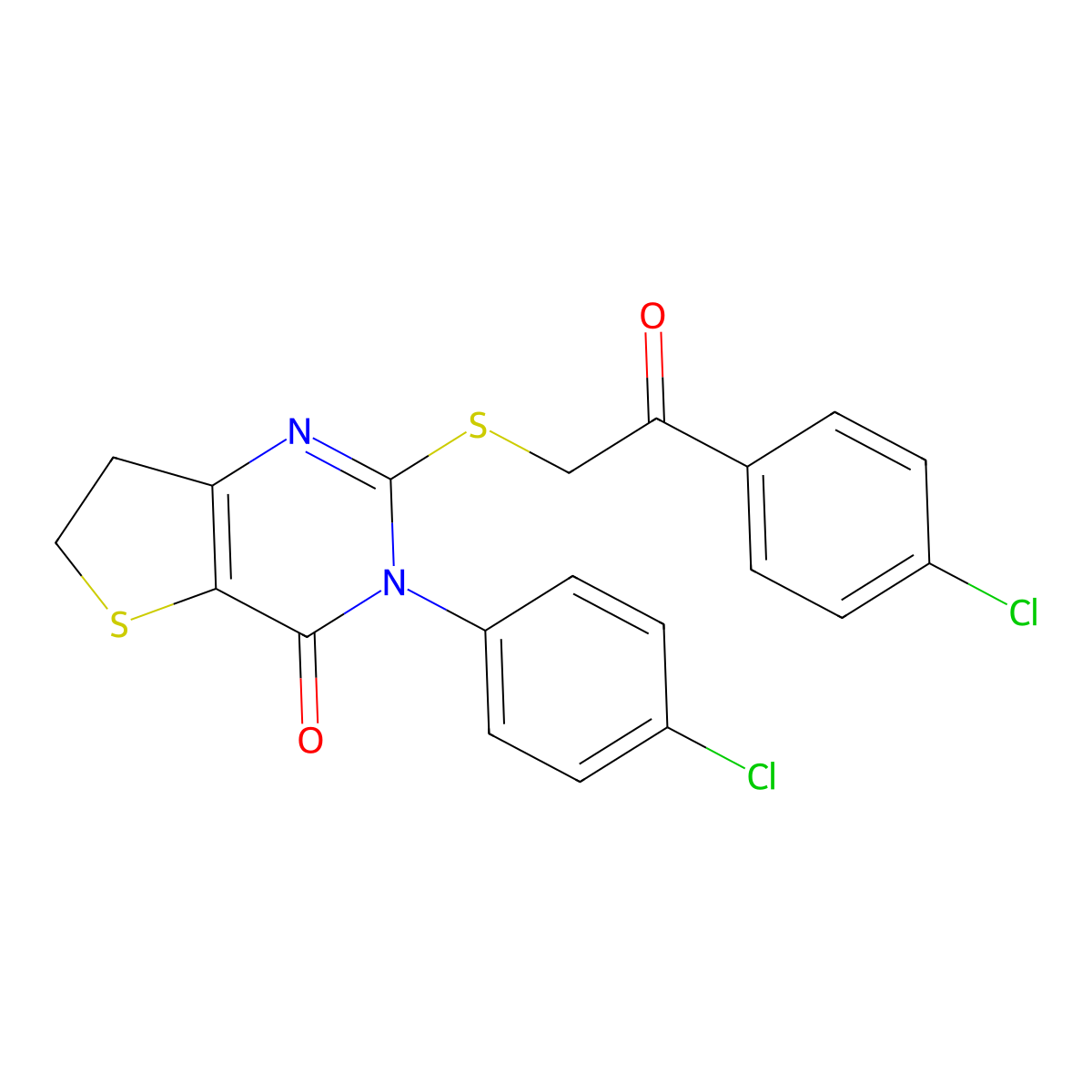 3-(4-chlorophenyl)-2-((2-(4-chlorophenyl)-2-oxoethyl)thio)-6,7-dihydrothieno[3,2-d]pyrimidin-4(3H)-one molecular structure, CAS 687565-89-5
