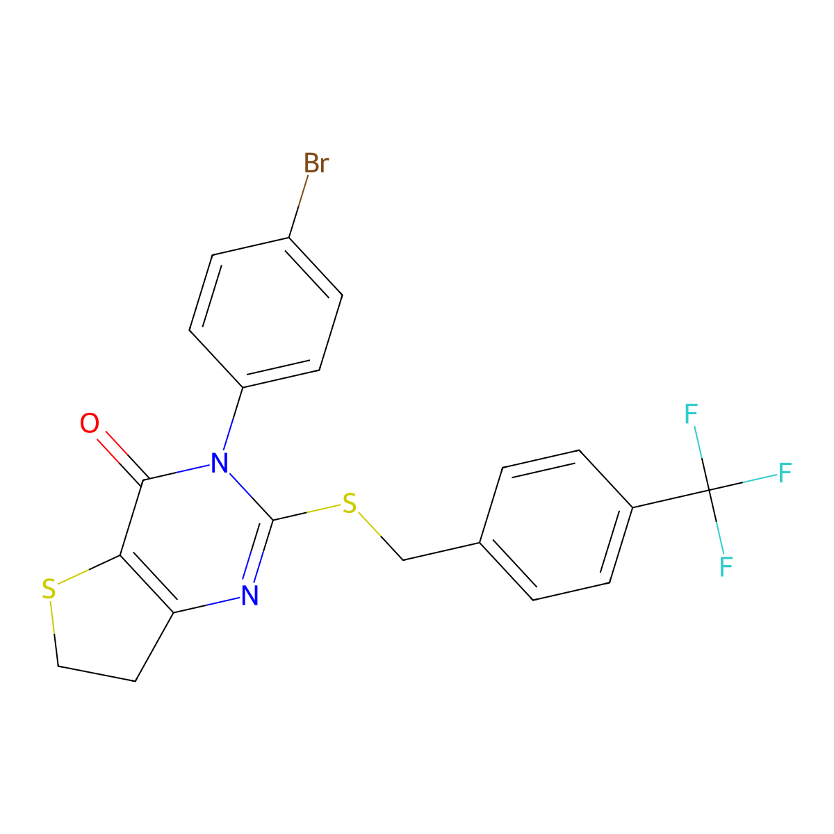 3-(4-Bromophenyl)-2-[[4-(trifluoromethyl)phenyl]methylsulfanyl]-6,7-dihydrothieno[3,2-d]pyrimidin-4-one molecular structure, CAS 687567-14-2