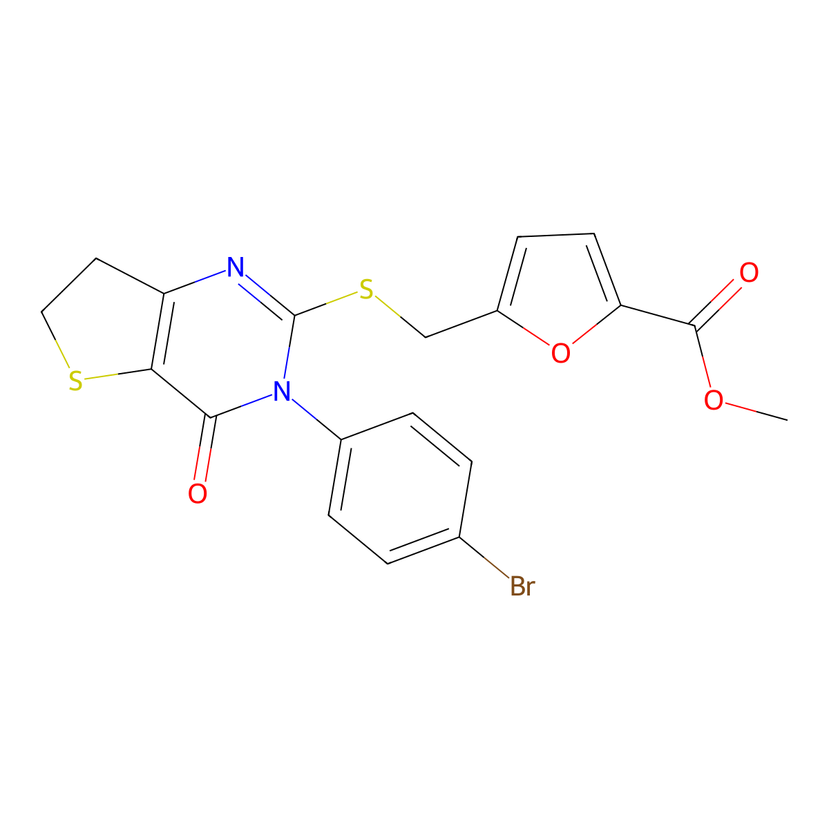 Methyl 5-[[3-(4-bromophenyl)-4-oxo-6,7-dihydrothieno[3,2-d]pyrimidin-2-yl]sulfanylmethyl]furan-2-carboxylate molecular structure, CAS 687567-19-7