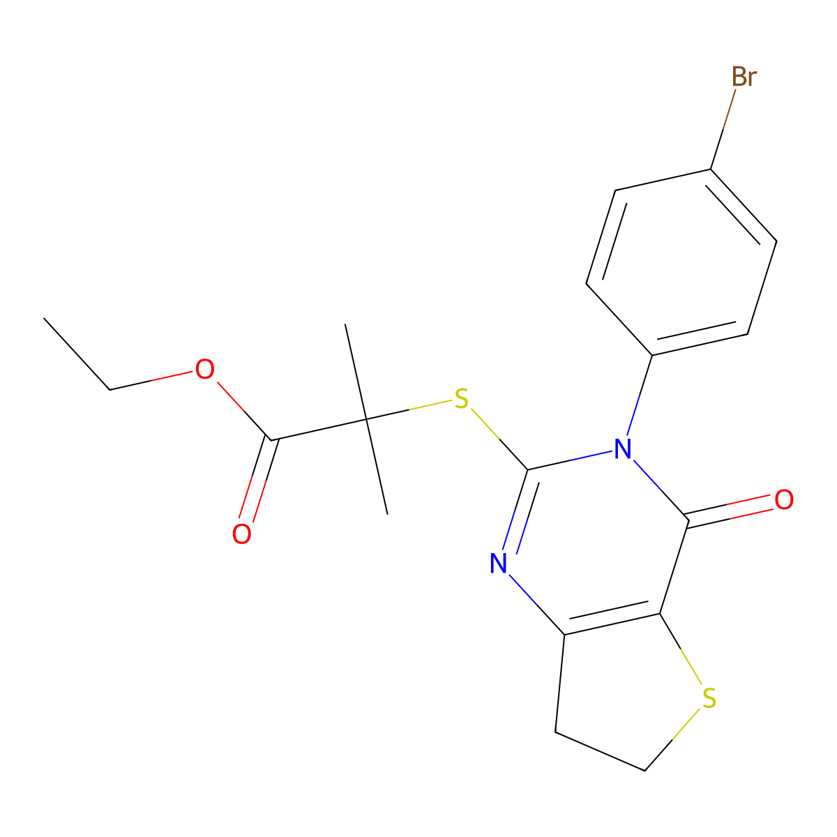 Ethyl 2-[[3-(4-bromophenyl)-4-oxo-6,7-dihydrothieno[3,2-d]pyrimidin-2-yl]sulfanyl]-2-methylpropanoate molecular structure, CAS 687567-34-6