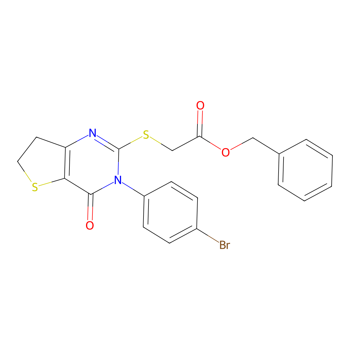 Benzyl 2-[[3-(4-bromophenyl)-4-oxo-6,7-dihydrothieno[3,2-d]pyrimidin-2-yl]sulfanyl]acetate molecular structure, CAS 687567-49-3