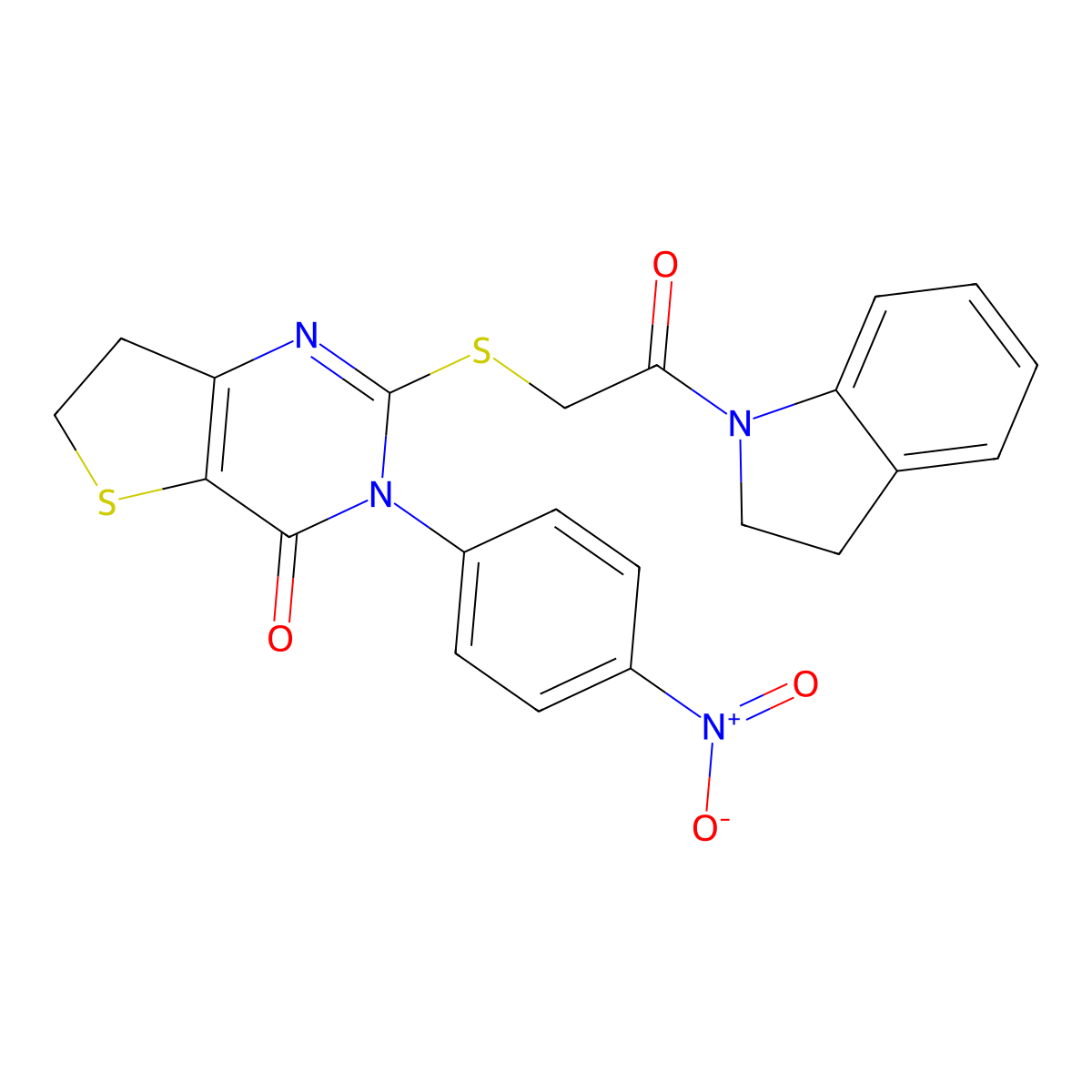 2-((2-(indolin-1-yl)-2-oxoethyl)thio)-3-(4-nitrophenyl)-6,7-dihydrothieno[3,2-d]pyrimidin-4(3H)-one molecular structure, CAS 687567-84-6