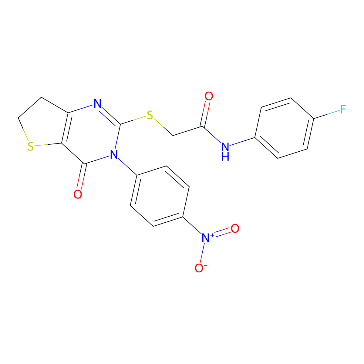 N-(4-fluorophenyl)-2-((3-(4-nitrophenyl)-4-oxo-3,4,6,7-tetrahydrothieno[3,2-d]pyrimidin-2-yl)thio)acetamide molecular structure, CAS 687568-09-8