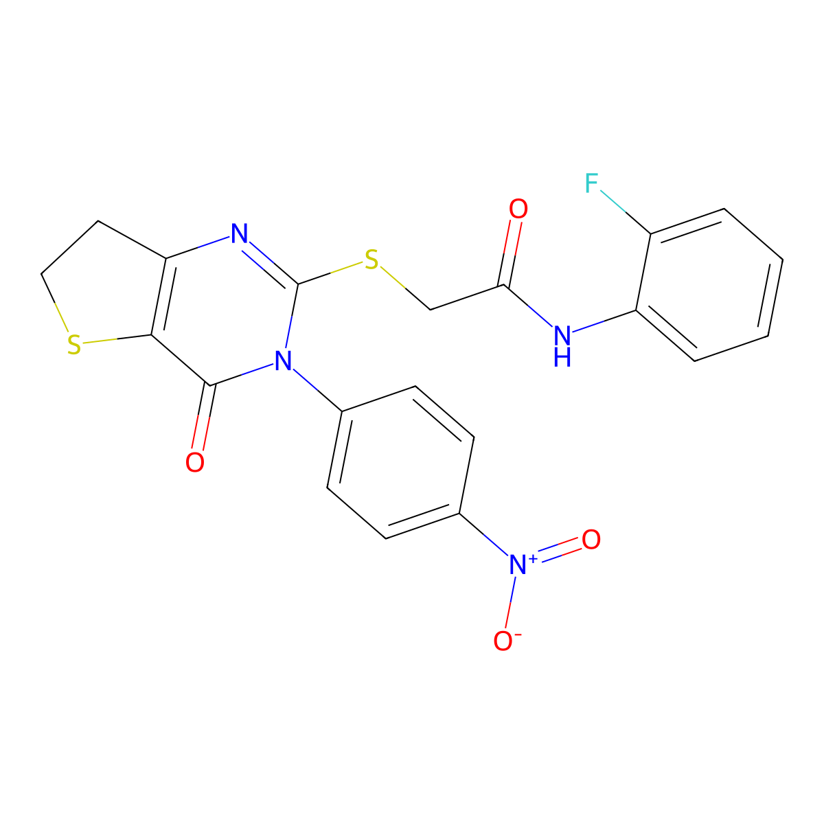 N-(2-fluorophenyl)-2-((3-(4-nitrophenyl)-4-oxo-3,4,6,7-tetrahydrothieno[3,2-d]pyrimidin-2-yl)thio)acetamide molecular structure, CAS 687568-14-5