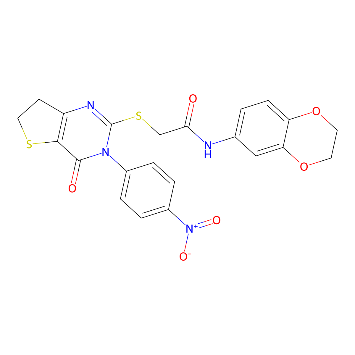 N-(2,3-dihydrobenzo[b][1,4]dioxin-6-yl)-2-((3-(4-nitrophenyl)-4-oxo-3,4,6,7-tetrahydrothieno[3,2-d]pyrimidin-2-yl)thio)acetamide molecular structure, CAS 687568-44-1
