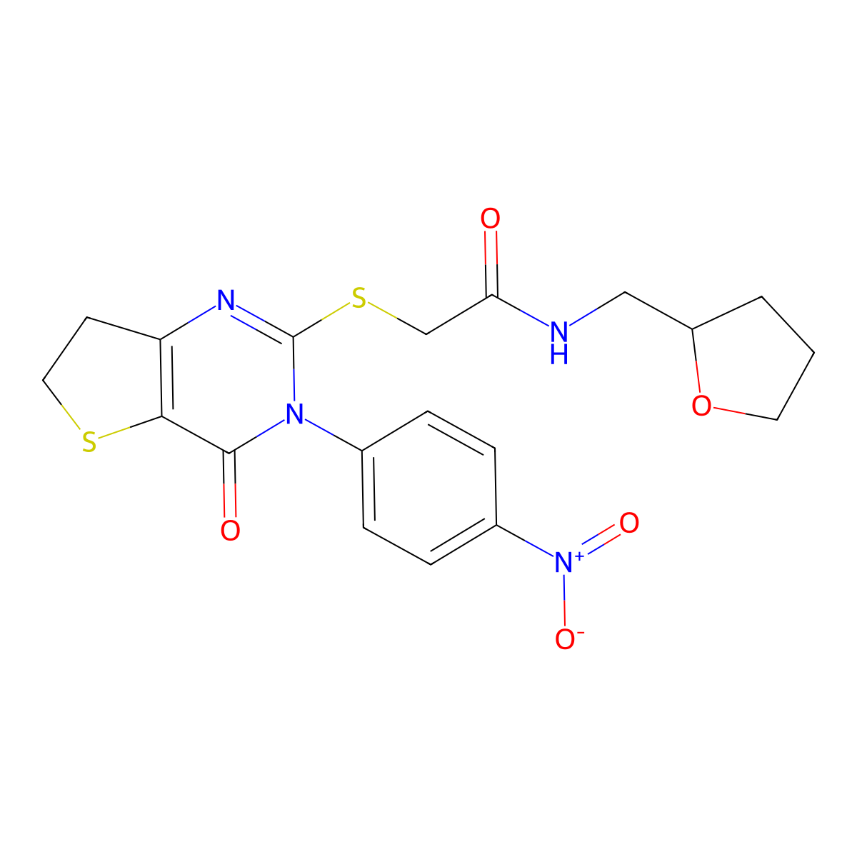 2-[[3-(4-nitrophenyl)-4-oxo-6,7-dihydrothieno[3,2-d]pyrimidin-2-yl]sulfanyl]-N-(oxolan-2-ylmethyl)acetamide molecular structure, CAS 687568-59-8