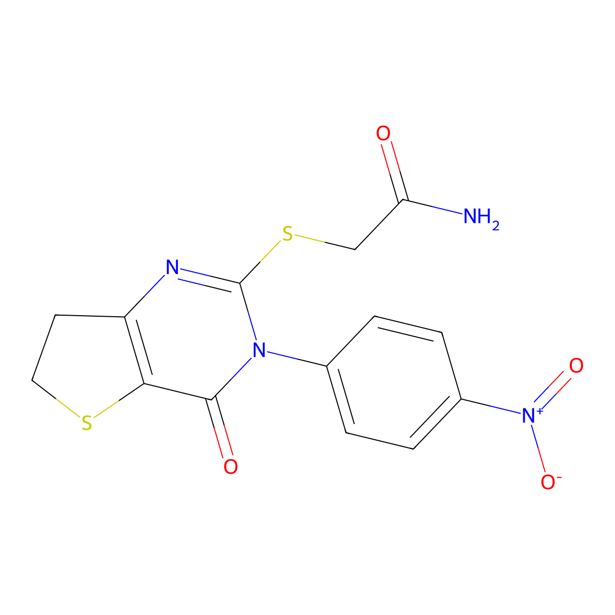 2-((3-(4-Nitrophenyl)-4-oxo-3,4,6,7-tetrahydrothieno[3,2-d]pyrimidin-2-yl)thio)acetamide molecular structure, CAS 687568-69-0