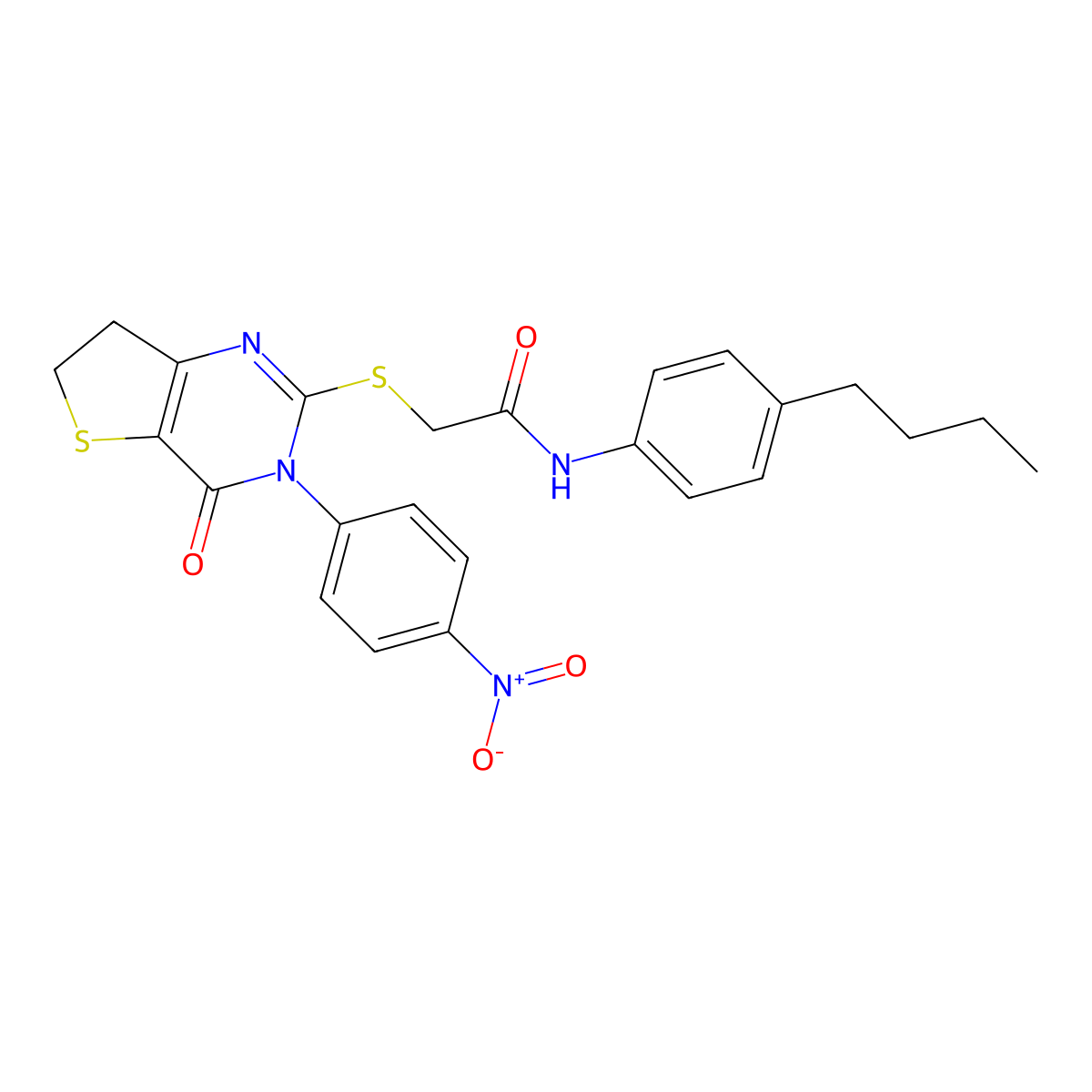 N-(4-butylphenyl)-2-((3-(4-nitrophenyl)-4-oxo-3,4,6,7-tetrahydrothieno[3,2-d]pyrimidin-2-yl)thio)acetamide molecular structure, CAS 687568-74-7