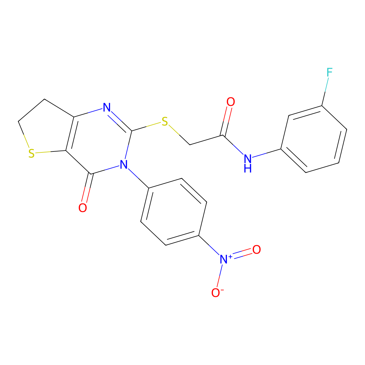 N-(3-fluorophenyl)-2-[[3-(4-nitrophenyl)-4-oxo-6,7-dihydrothieno[3,2-d]pyrimidin-2-yl]sulfanyl]acetamide molecular structure, CAS 687568-79-2
