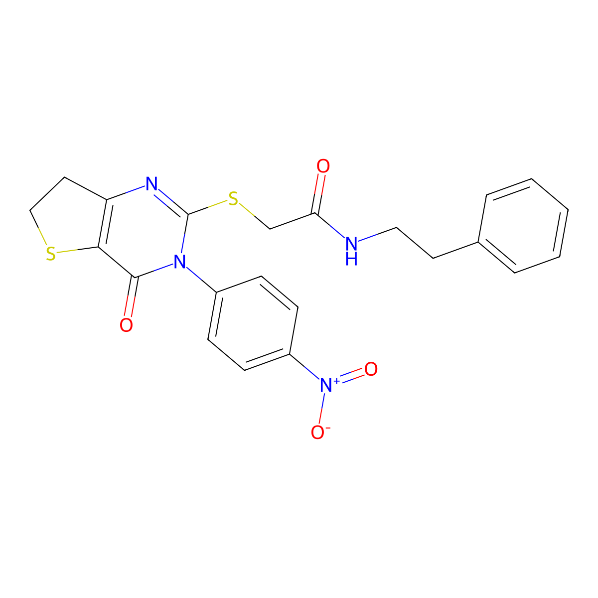 2-((3-(4-nitrophenyl)-4-oxo-3,4,6,7-tetrahydrothieno[3,2-d]pyrimidin-2-yl)thio)-N-phenethylacetamide molecular structure, CAS 687569-04-6