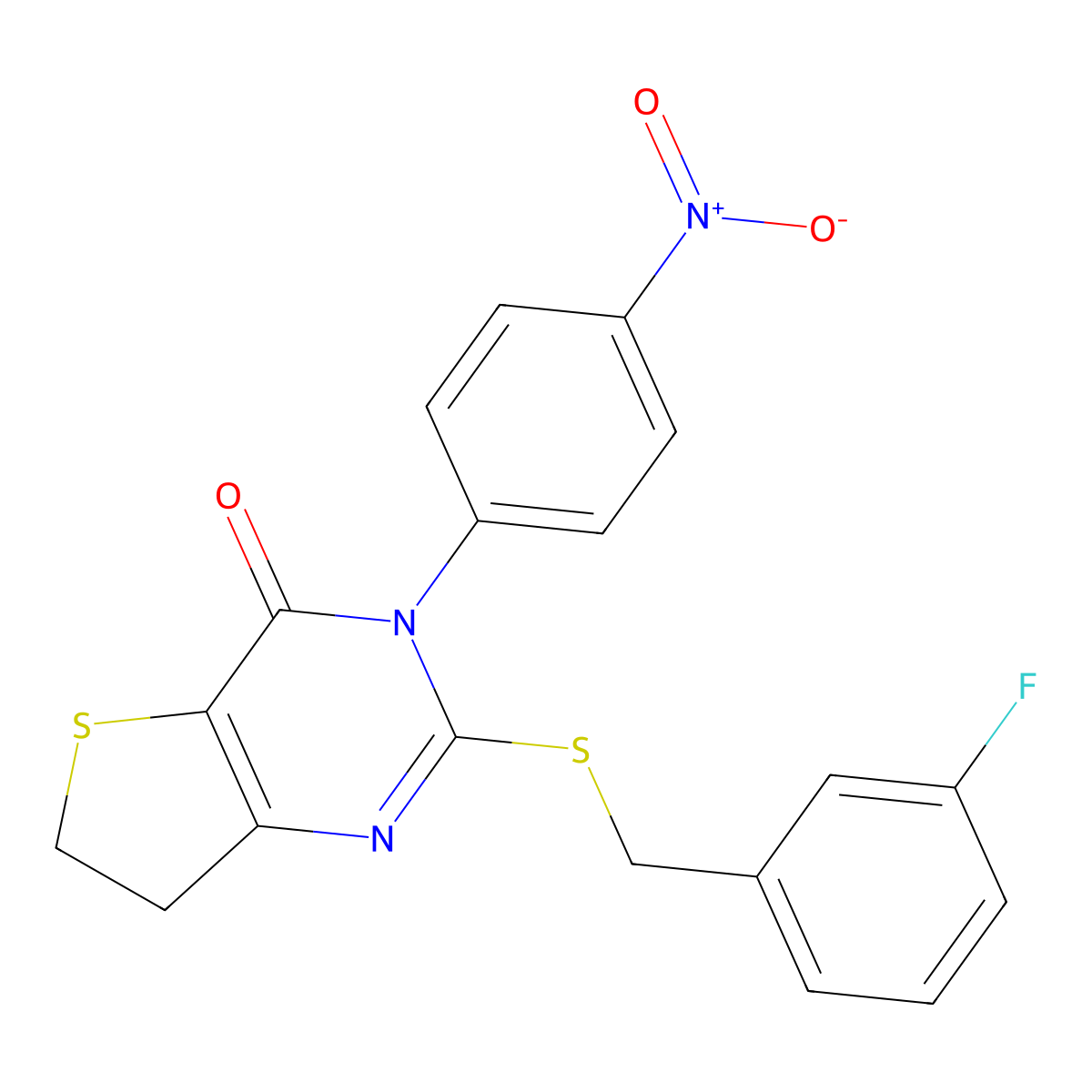 2-((3-fluorobenzyl)thio)-3-(4-nitrophenyl)-6,7-dihydrothieno[3,2-d]pyrimidin-4(3H)-one molecular structure, CAS 687569-23-9