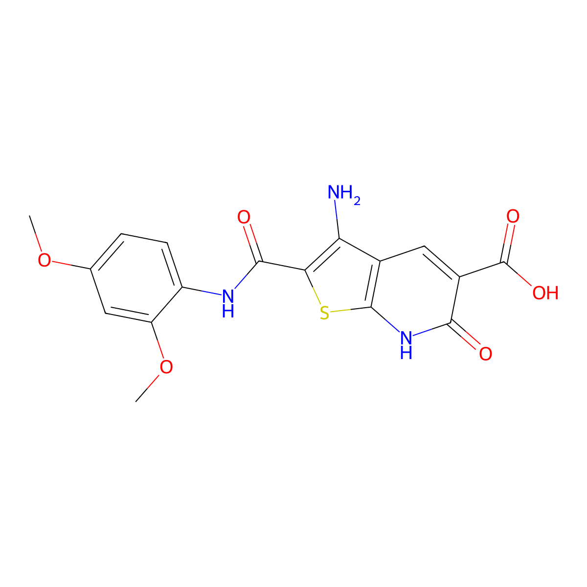 3-Amino-2-((2,4-dimethoxyphenyl)carbamoyl)-6-oxo-6,7-dihydrothieno[2,3-b]pyridine-5-carboxylic acid molecular structure, CAS 687569-60-4