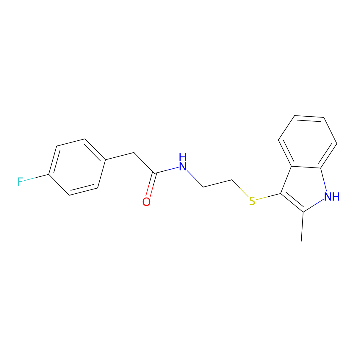 2-(4-fluorophenyl)-N-(2-((2-methyl-1H-indol-3-yl)thio)ethyl)acetamide molecular structure, CAS 687569-76-2