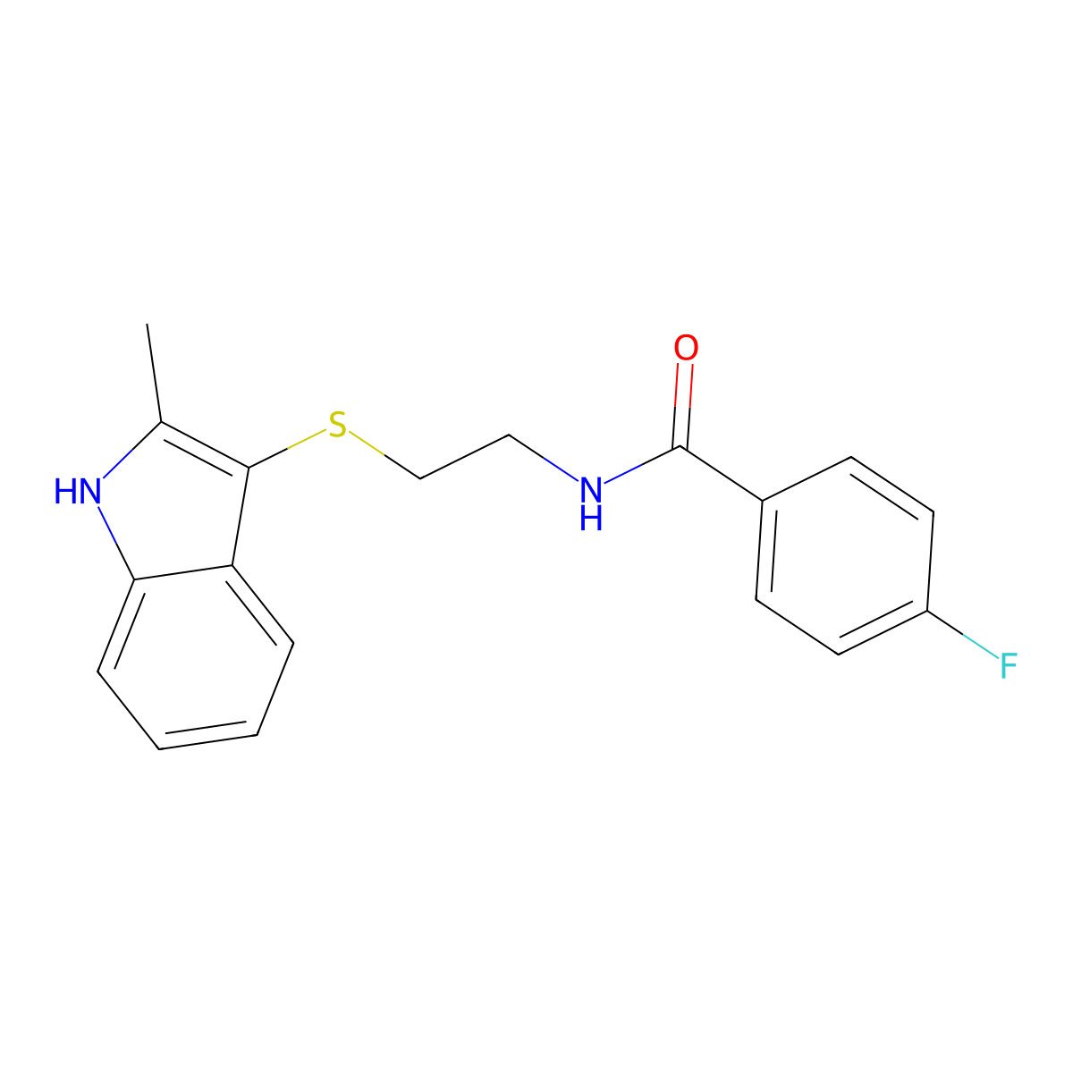 4-fluoro-N-(2-((2-methyl-1H-indol-3-yl)thio)ethyl)benzamide molecular structure, CAS 687570-13-4
