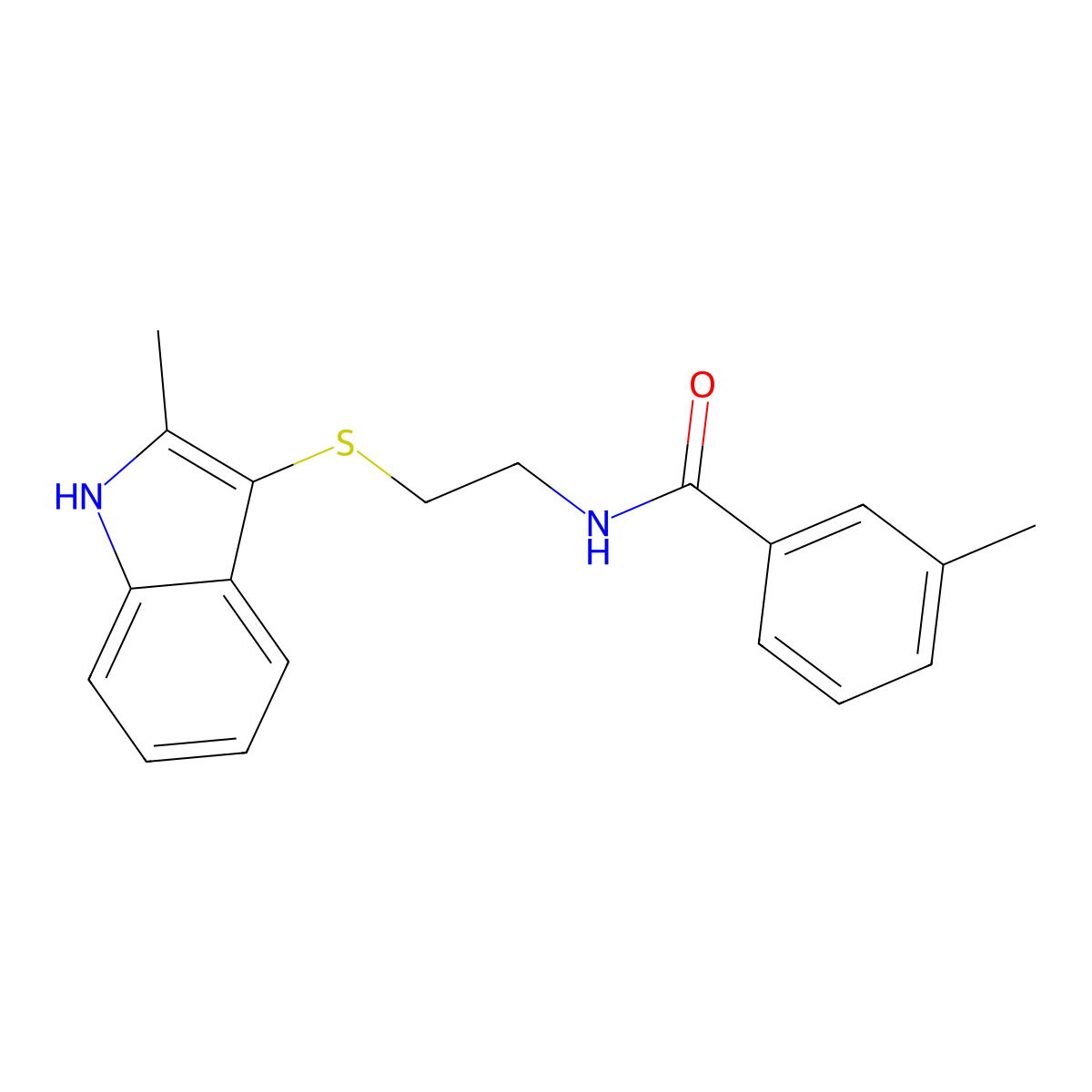 3-methyl-N-(2-((2-methyl-1H-indol-3-yl)thio)ethyl)benzamide molecular structure, CAS 687571-46-6
