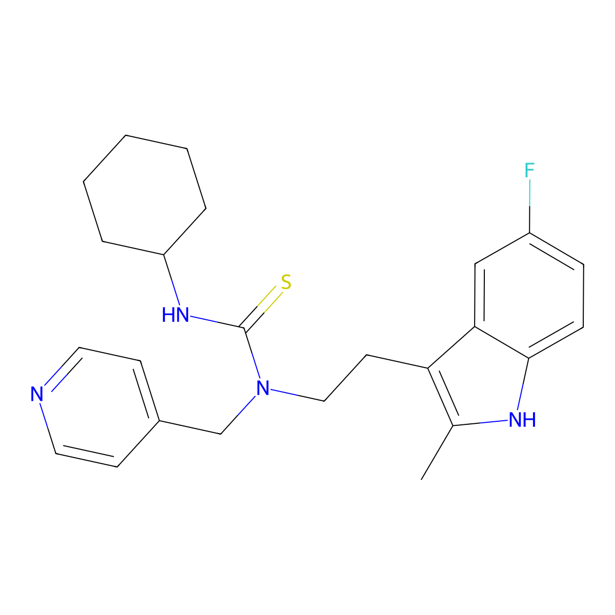3-cyclohexyl-1-(2-(5-fluoro-2-methyl-1H-indol-3-yl)ethyl)-1-(pyridin-4-ylmethyl)thiourea molecular structure, CAS 687579-06-2