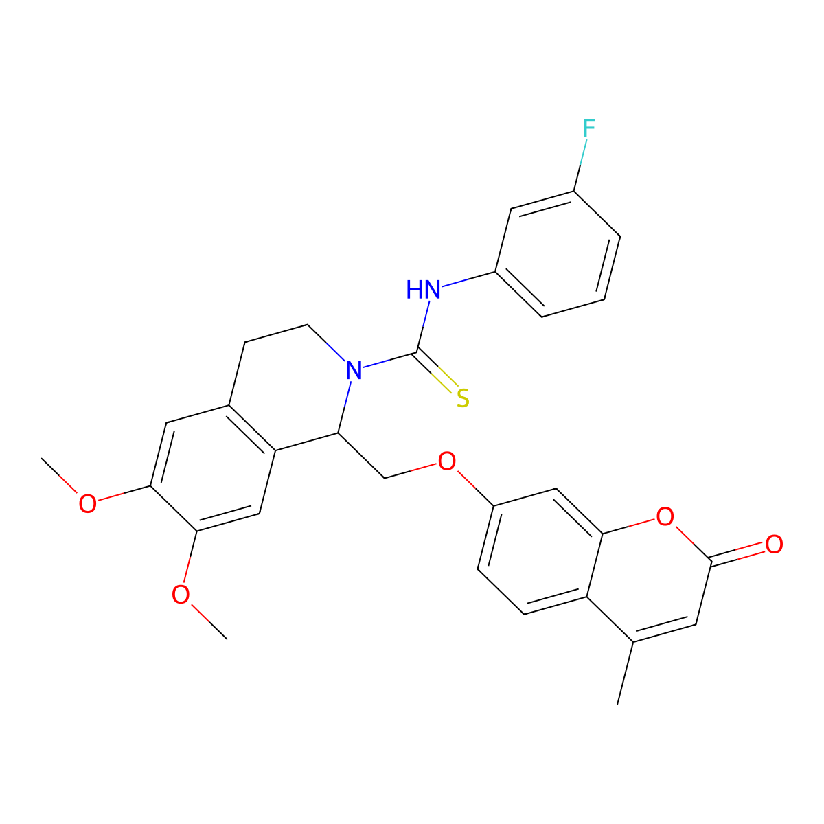 N-(3-fluorophenyl)-6,7-dimethoxy-1-(((4-methyl-2-oxo-2H-chromen-7-yl)oxy)methyl)-3,4-dihydroisoquinoline-2(1H)-carbothioamide molecular structure, CAS 687579-60-8