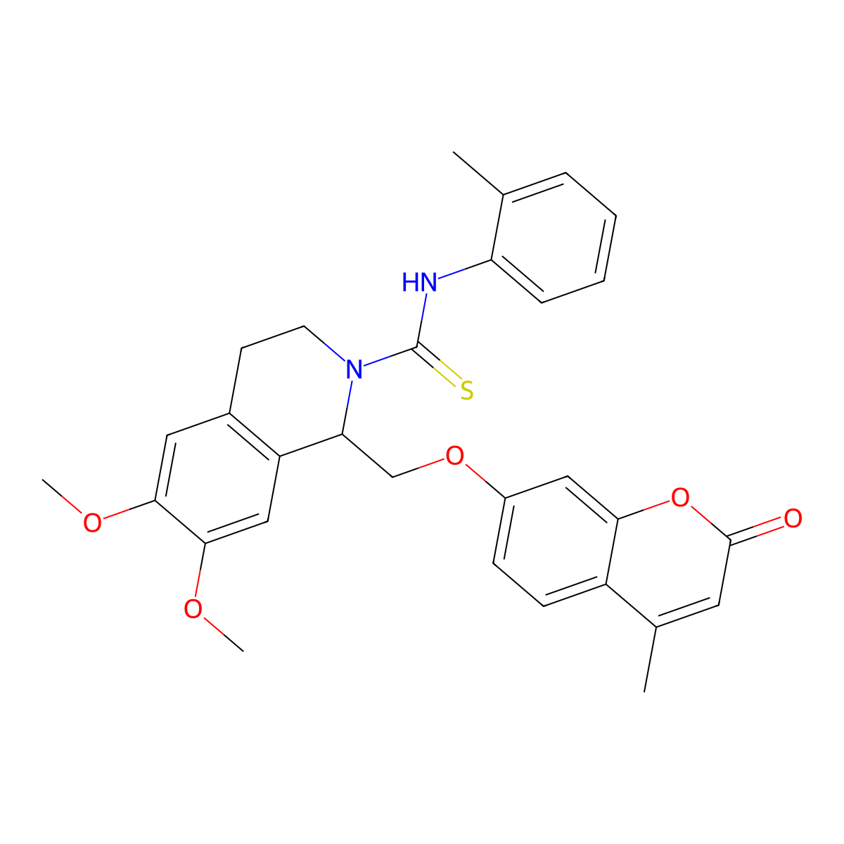 6,7-dimethoxy-1-[(4-methyl-2-oxochromen-7-yl)oxymethyl]-N-(2-methylphenyl)-3,4-dihydro-1H-isoquinoline-2-carbothioamide molecular structure, CAS 687579-63-1
