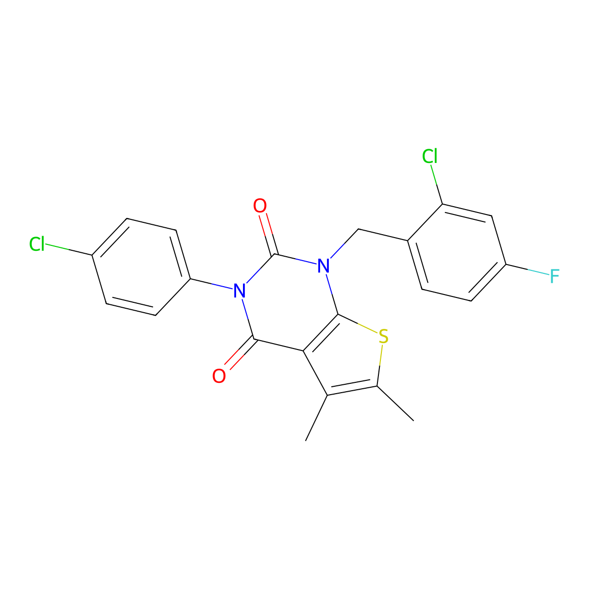 1-[(2-chloro-4-fluorophenyl)methyl]-3-(4-chlorophenyl)-5,6-dimethyl-1H,2H,3H,4H-thieno[2,3-d]pyrimidine-2,4-dione molecular structure, CAS 687580-89-8