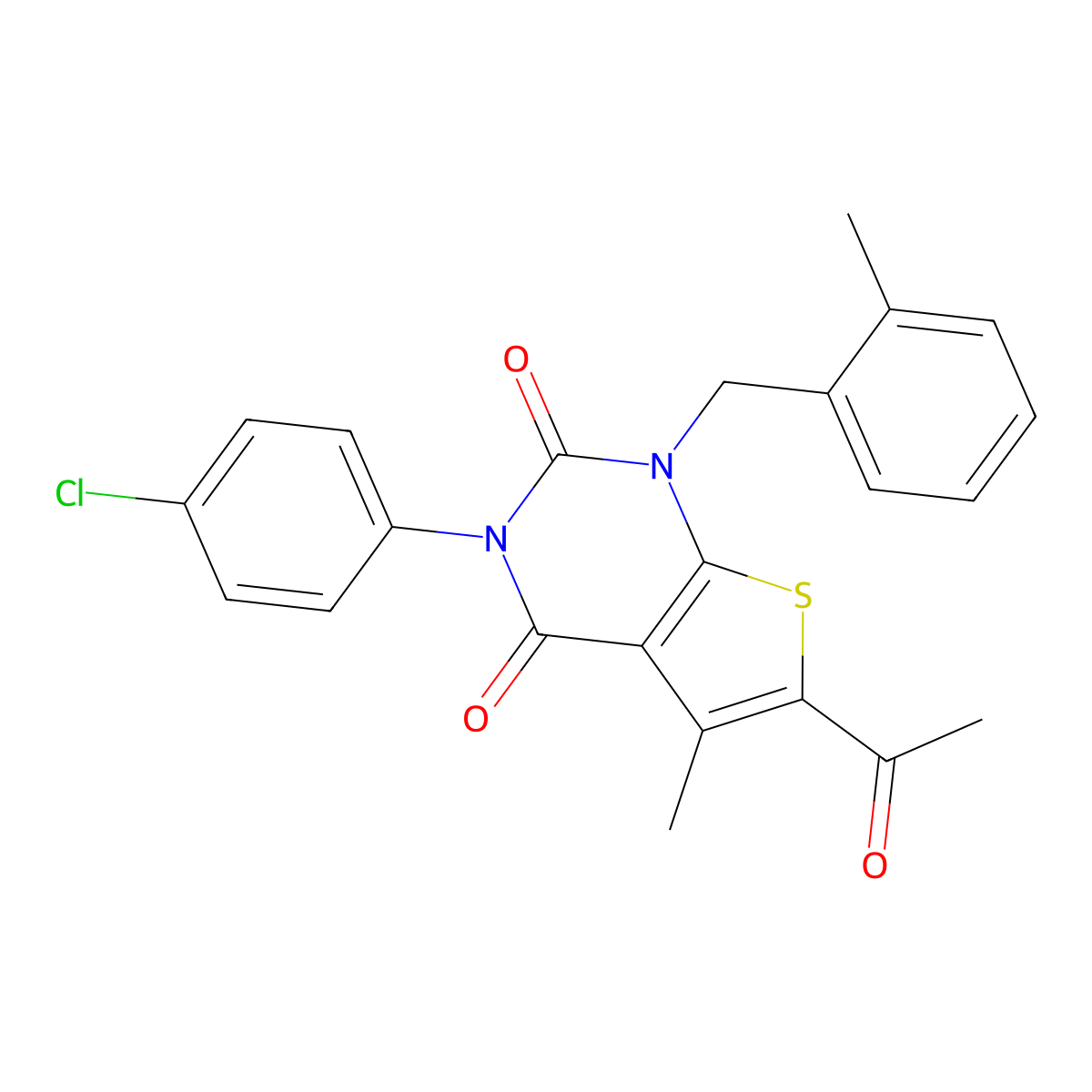 6-acetyl-3-(4-chlorophenyl)-5-methyl-1-[(2-methylphenyl)methyl]-1H,2H,3H,4H-thieno[2,3-d]pyrimidine-2,4-dione molecular structure, CAS 687582-13-4