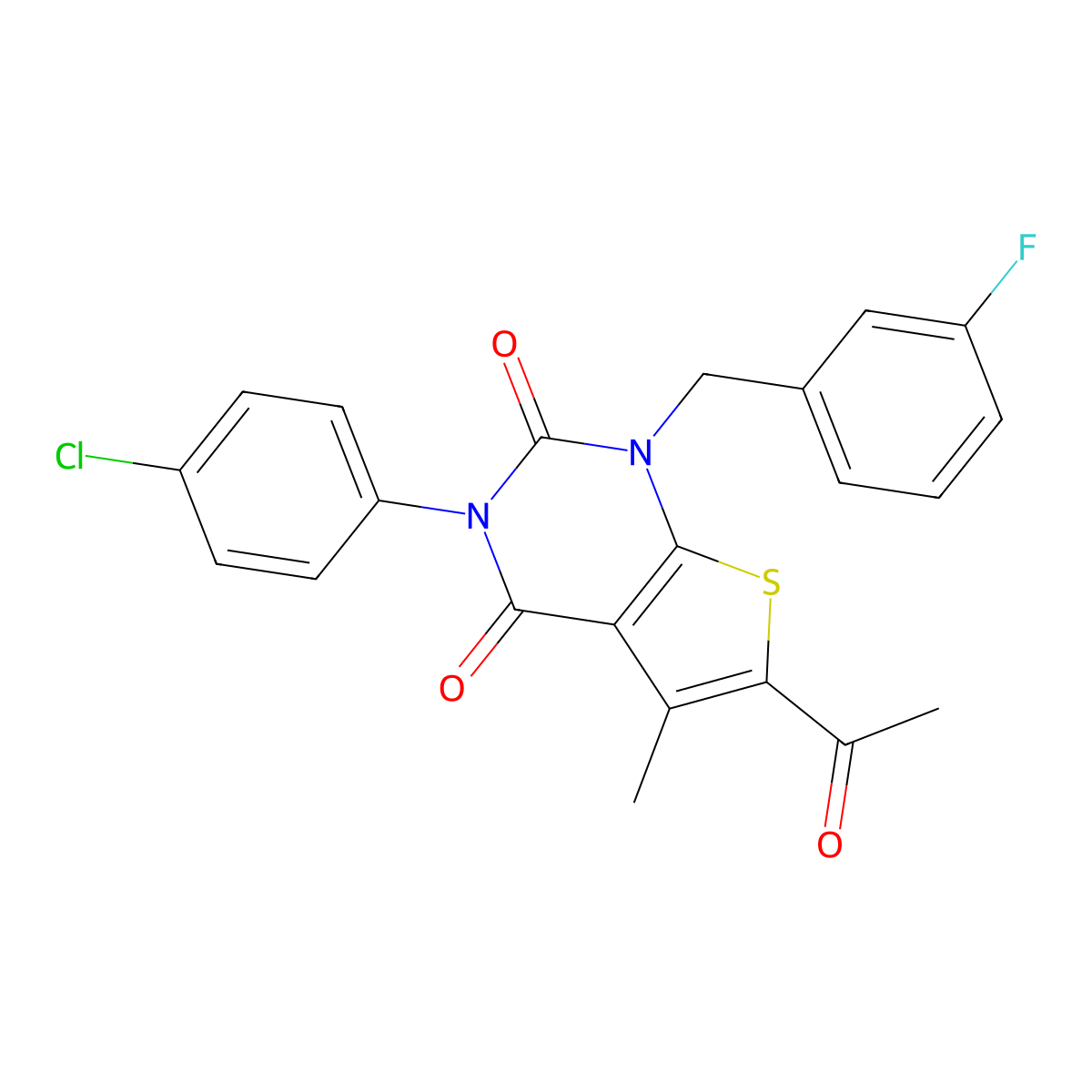 6-acetyl-3-(4-chlorophenyl)-1-[(3-fluorophenyl)methyl]-5-methyl-1H,2H,3H,4H-thieno[2,3-d]pyrimidine-2,4-dione molecular structure, CAS 687582-17-8