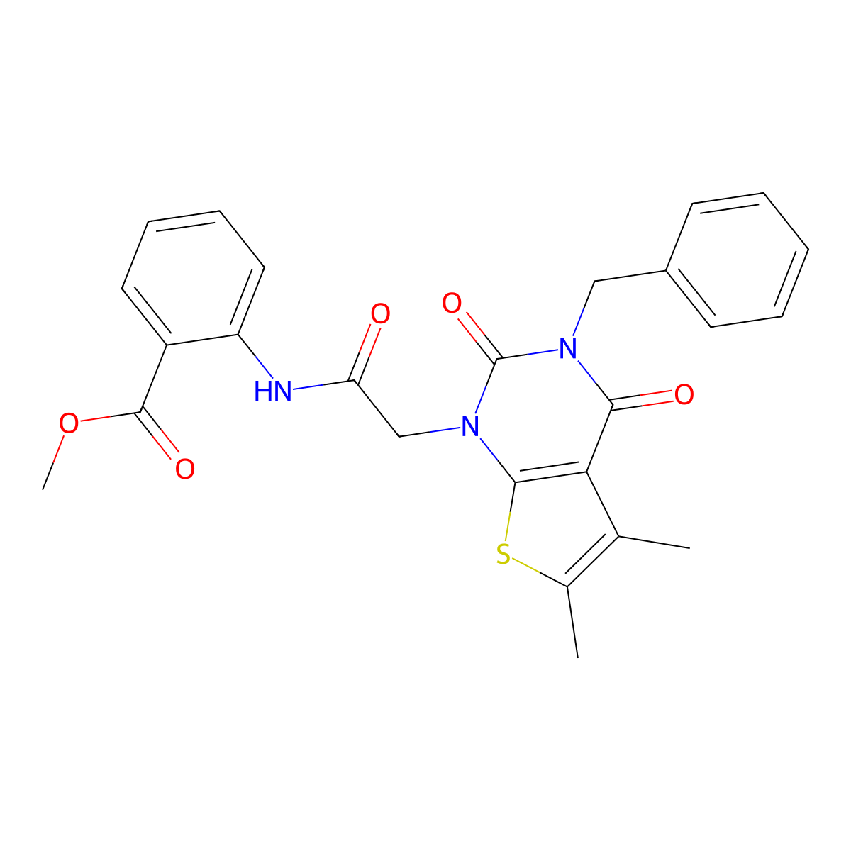 methyl 2-{[(3-benzyl-5,6-dimethyl-2,4-dioxo-3,4-dihydrothieno[2,3-d]pyrimidin-1(2H)-yl)acetyl]amino}benzoate molecular structure, CAS 687583-79-5