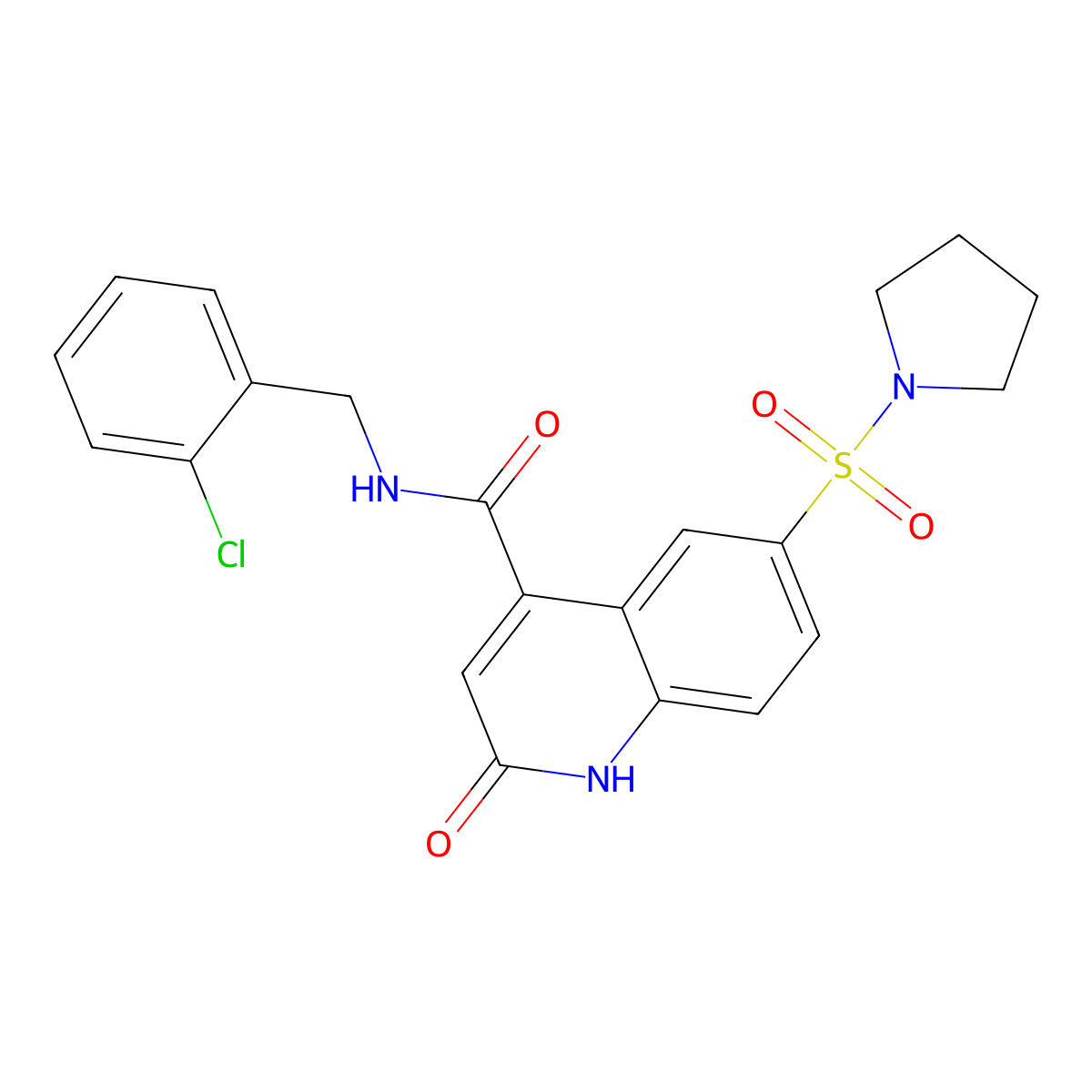 N-(2-chlorobenzyl)-2-oxo-6-(pyrrolidin-1-ylsulfonyl)-1,2-dihydroquinoline-4-carboxamide molecular structure, CAS 687591-06-6