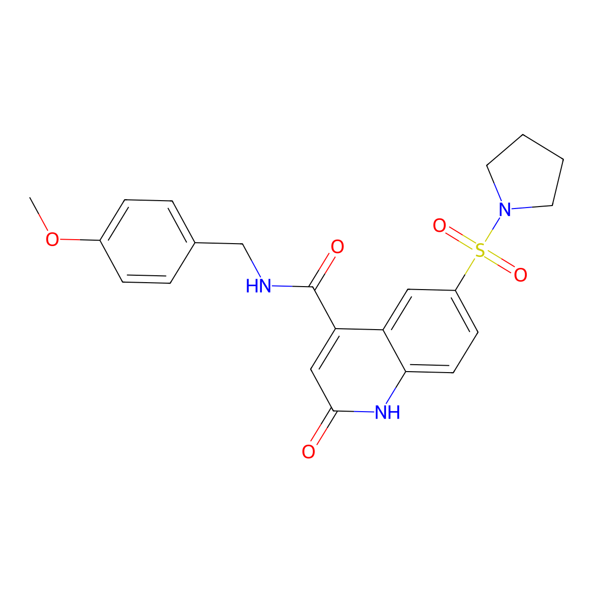 N-(4-methoxybenzyl)-2-oxo-6-(pyrrolidin-1-ylsulfonyl)-1,2-dihydroquinoline-4-carboxamide molecular structure, CAS 687591-13-5