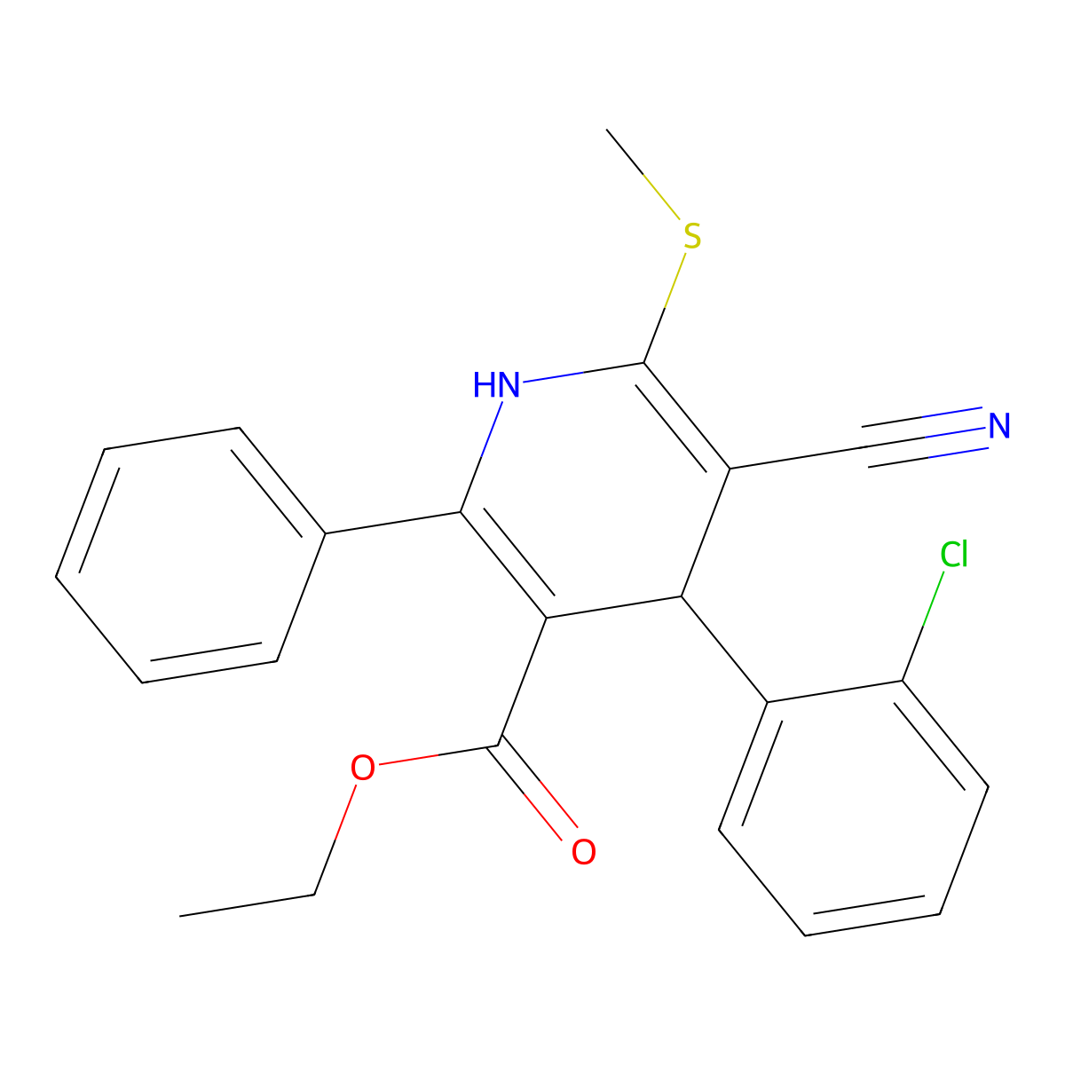 Ethyl 4-(2-chlorophenyl)-5-cyano-6-(methylsulfanyl)-2-phenyl-1,4-dihydropyridine-3-carboxylate molecular structure, CAS 687591-86-2