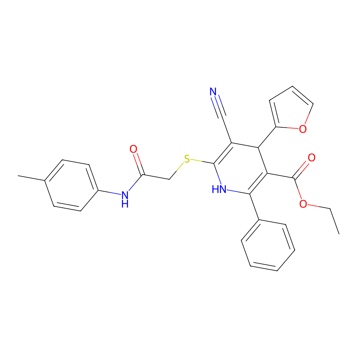 Ethyl 5-cyano-4-(2-furyl)-6-({2-[(4-methylphenyl)amino]-2-oxoethyl}thio)-2-phenyl-1,4-dihydro-3-pyridinecarboxylate molecular structure, CAS 687592-04-7