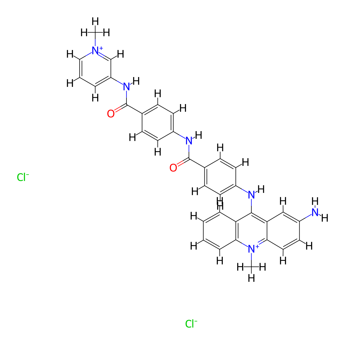 Acridinium, 2-amino-10-methyl-9-(p-((p-((1-methylpyridinium-3-yl)carbamoyl)phenyl)carbamoyl)anilino)-, dichloride molecular structure, CAS 68772-47-4