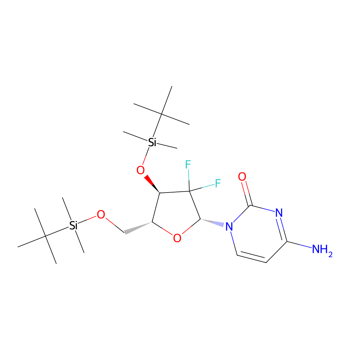 4-amino-1-((2R,4R,5R)-4-((tert-butyldimethylsilyl)oxy)-5-(((tert-butyldimethylsilyl)oxy)methyl)-3,3-difluorotetrahydrofuran-2-yl)pyrimidin-2(1H)-one molecular structure, CAS 688009-09-8