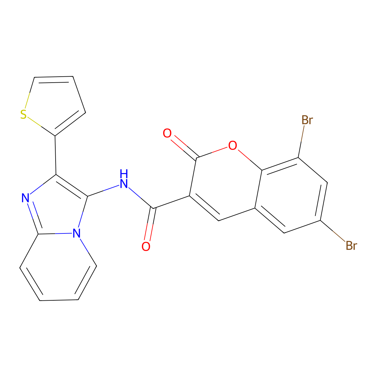 6,8-dibromo-2-oxo-N-[2-(thiophen-2-yl)imidazo[1,2-a]pyridin-3-yl]-2H-chromene-3-carboxamide molecular structure, CAS 688014-90-6