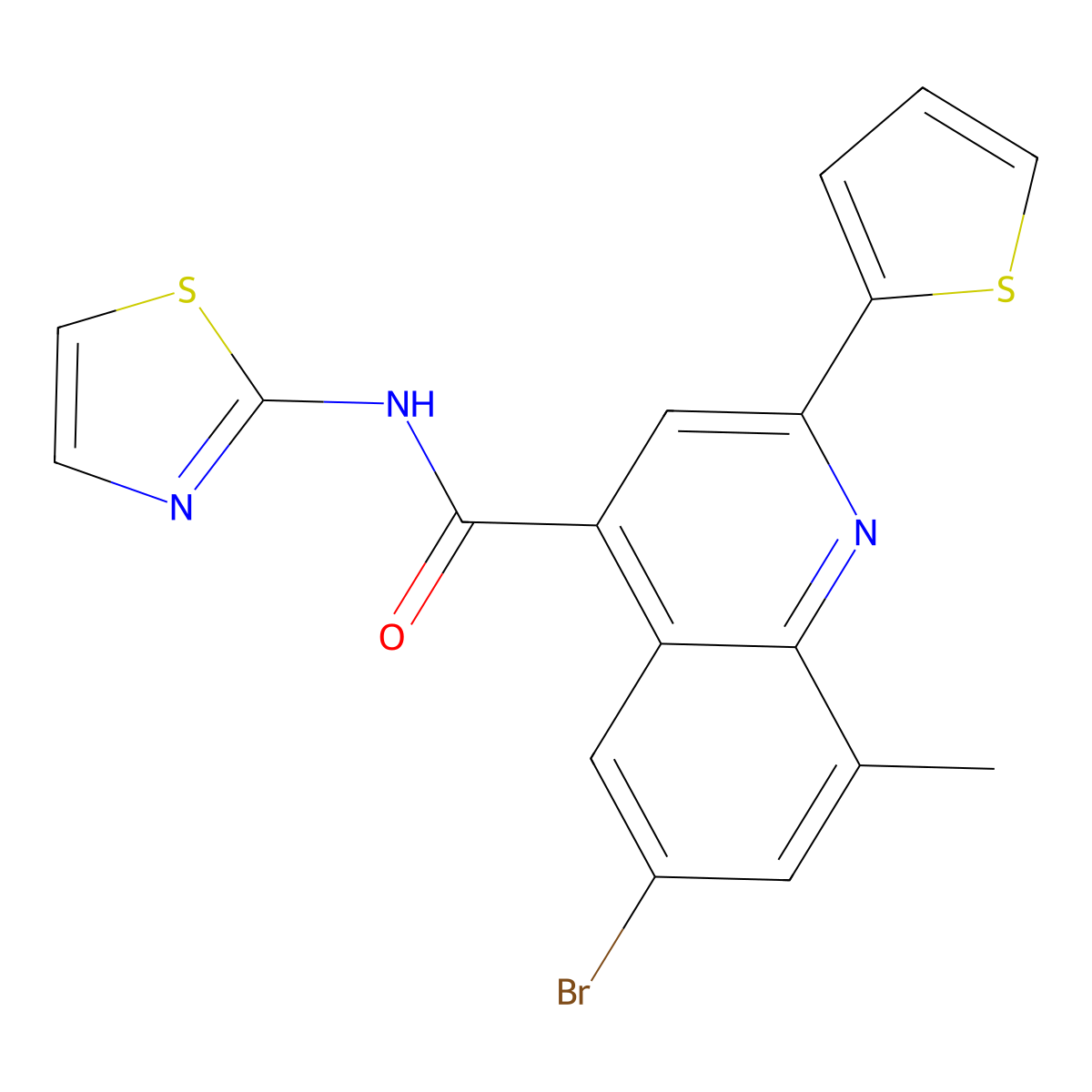 6-bromo-8-methyl-N-(1,3-thiazol-2-yl)-2-thiophen-2-ylquinoline-4-carboxamide molecular structure, CAS 688028-45-7