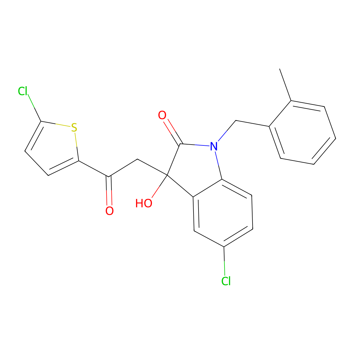 5-Chloro-3-[2-(5-chlorothiophen-2-yl)-2-oxoethyl]-3-hydroxy-1-[(2-methylphenyl)methyl]indol-2-one molecular structure, CAS 688037-17-4