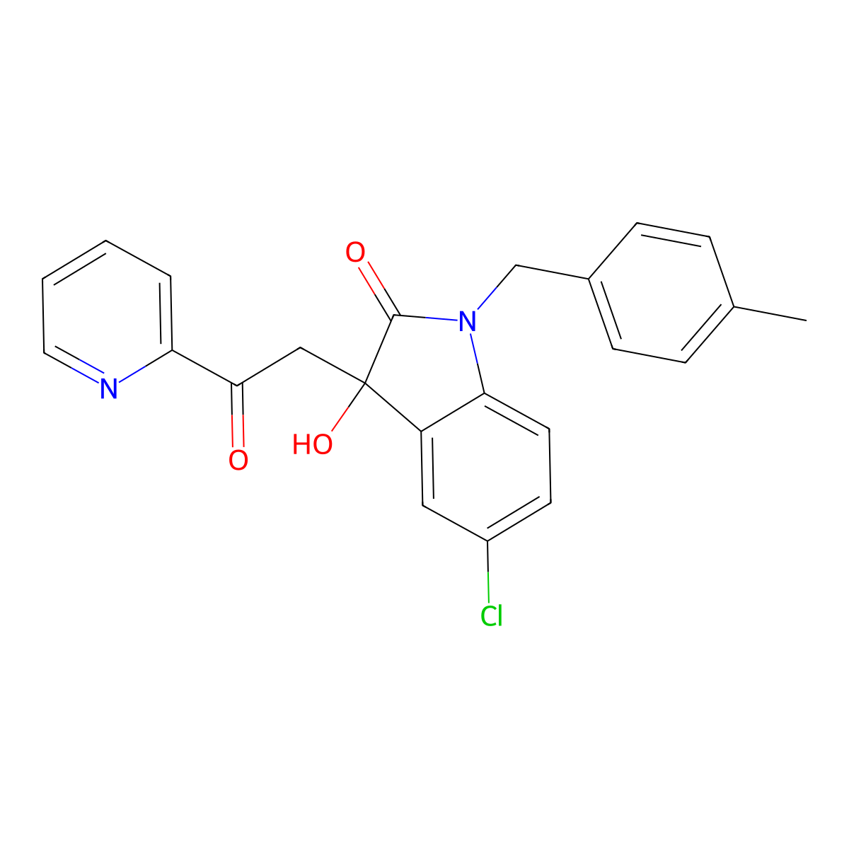 5-Chloro-3-hydroxy-1-[(4-methylphenyl)methyl]-3-(2-oxo-2-pyridin-2-ylethyl)indol-2-one molecular structure, CAS 688037-26-5