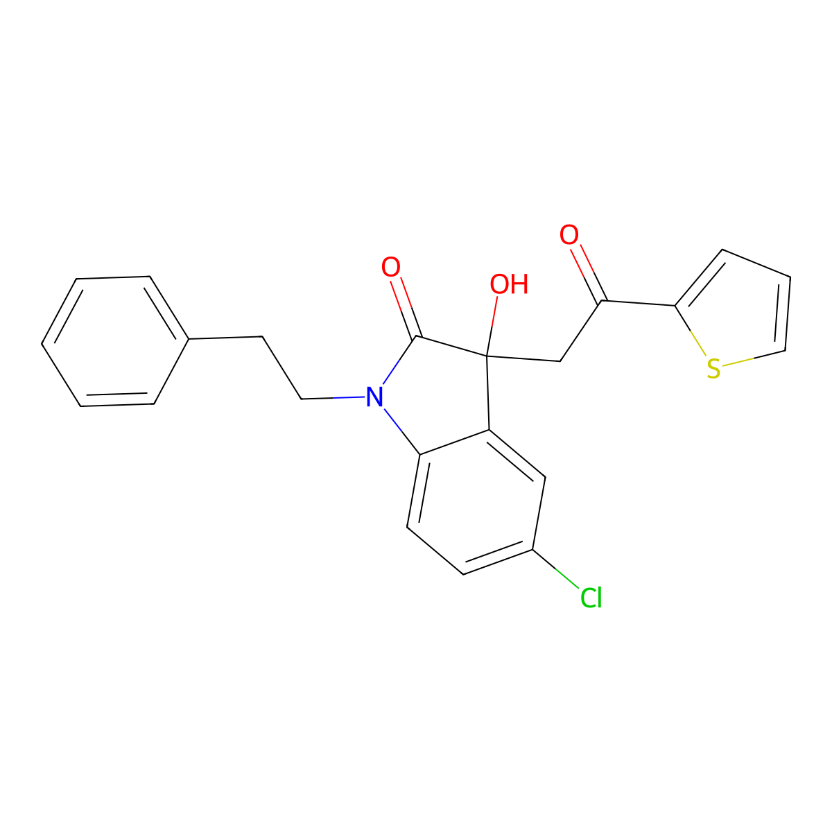 5-chloro-3-hydroxy-3-[2-oxo-2-(thiophen-2-yl)ethyl]-1-(2-phenylethyl)-1,3-dihydro-2H-indol-2-one molecular structure, CAS 688037-32-3