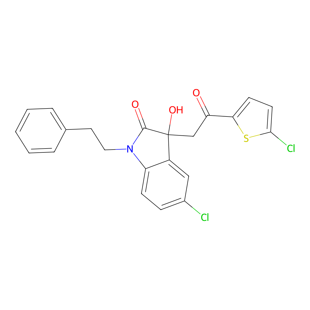 5-chloro-3-[2-(5-chlorothiophen-2-yl)-2-oxoethyl]-3-hydroxy-1-(2-phenylethyl)-1,3-dihydro-2H-indol-2-one molecular structure, CAS 688037-39-0