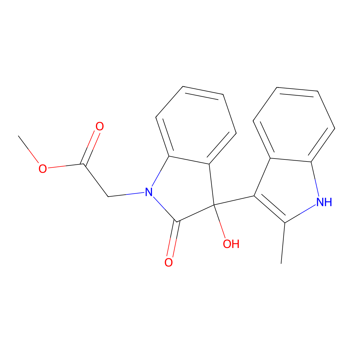 methyl 2-(3-hydroxy-3-(2-methyl-1H-indol-3-yl)-2-oxoindolin-1-yl)acetate molecular structure, CAS 688038-19-9