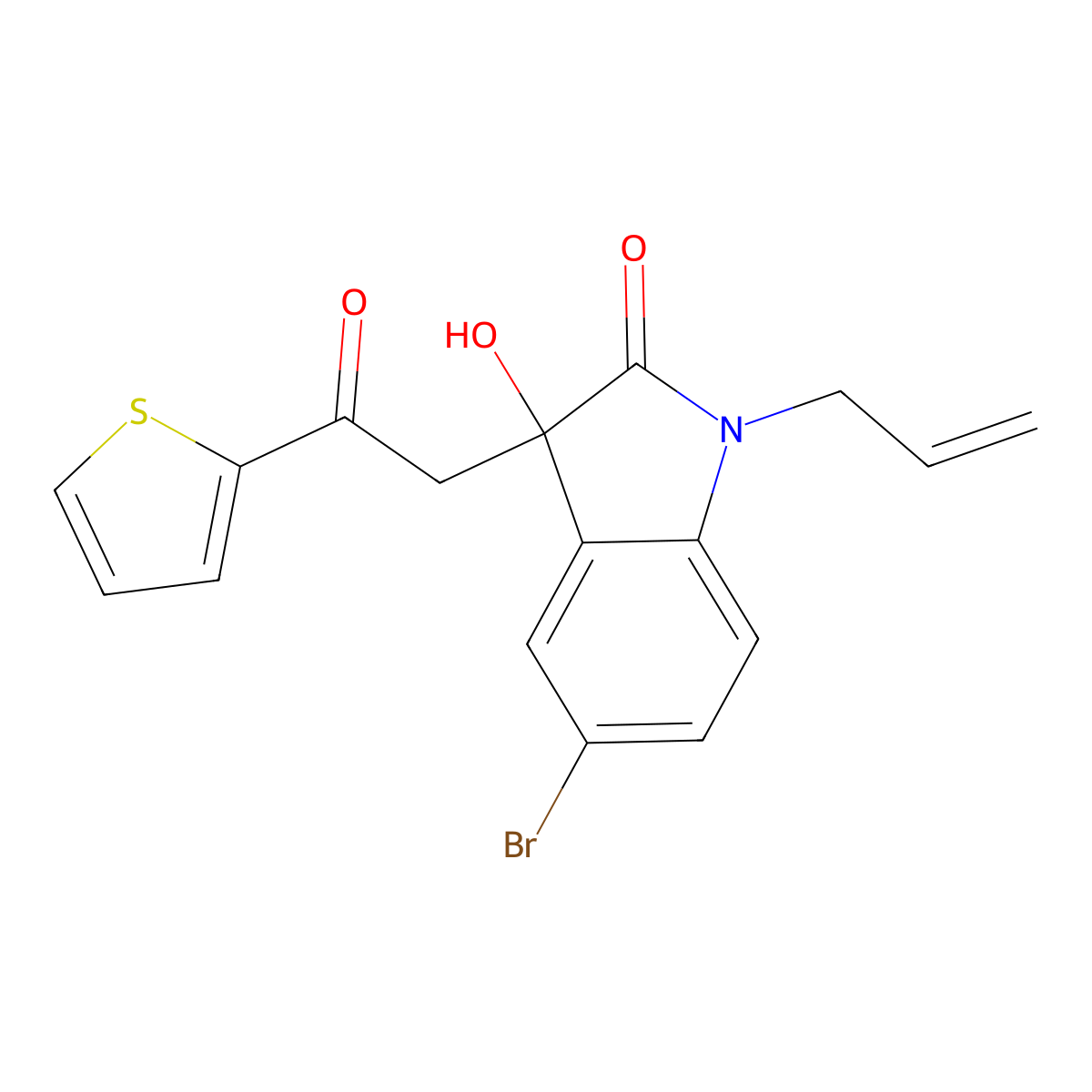5-Bromo-3-hydroxy-3-(2-oxo-2-thiophen-2-ylethyl)-1-prop-2-enylindol-2-one molecular structure, CAS 688040-27-9