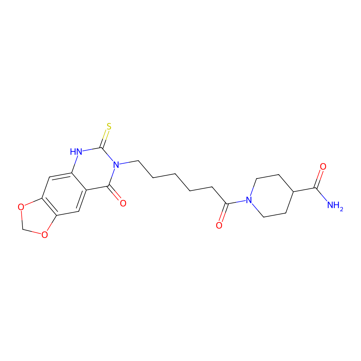 1-[6-(8-oxo-6-sulfanylidene-5H-[1,3]dioxolo[4,5-g]quinazolin-7-yl)hexanoyl]piperidine-4-carboxamide molecular structure, CAS 688053-66-9