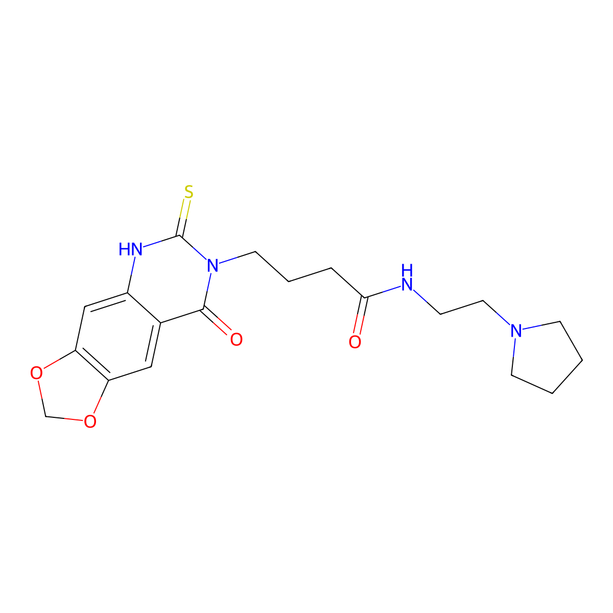 4-(8-oxo-6-thioxo-5,6-dihydro-[1,3]dioxolo[4,5-g]quinazolin-7(8H)-yl)-N-(2-(pyrrolidin-1-yl)ethyl)butanamide molecular structure, CAS 688054-27-5