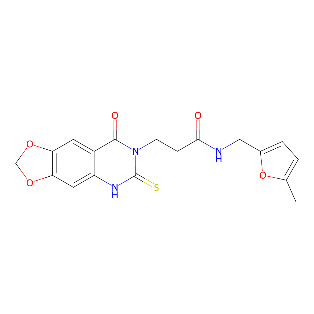 N-[(5-methylfuran-2-yl)methyl]-3-(8-oxo-6-sulfanylidene-5H-[1,3]dioxolo[4,5-g]quinazolin-7-yl)propanamide molecular structure, CAS 688055-25-6