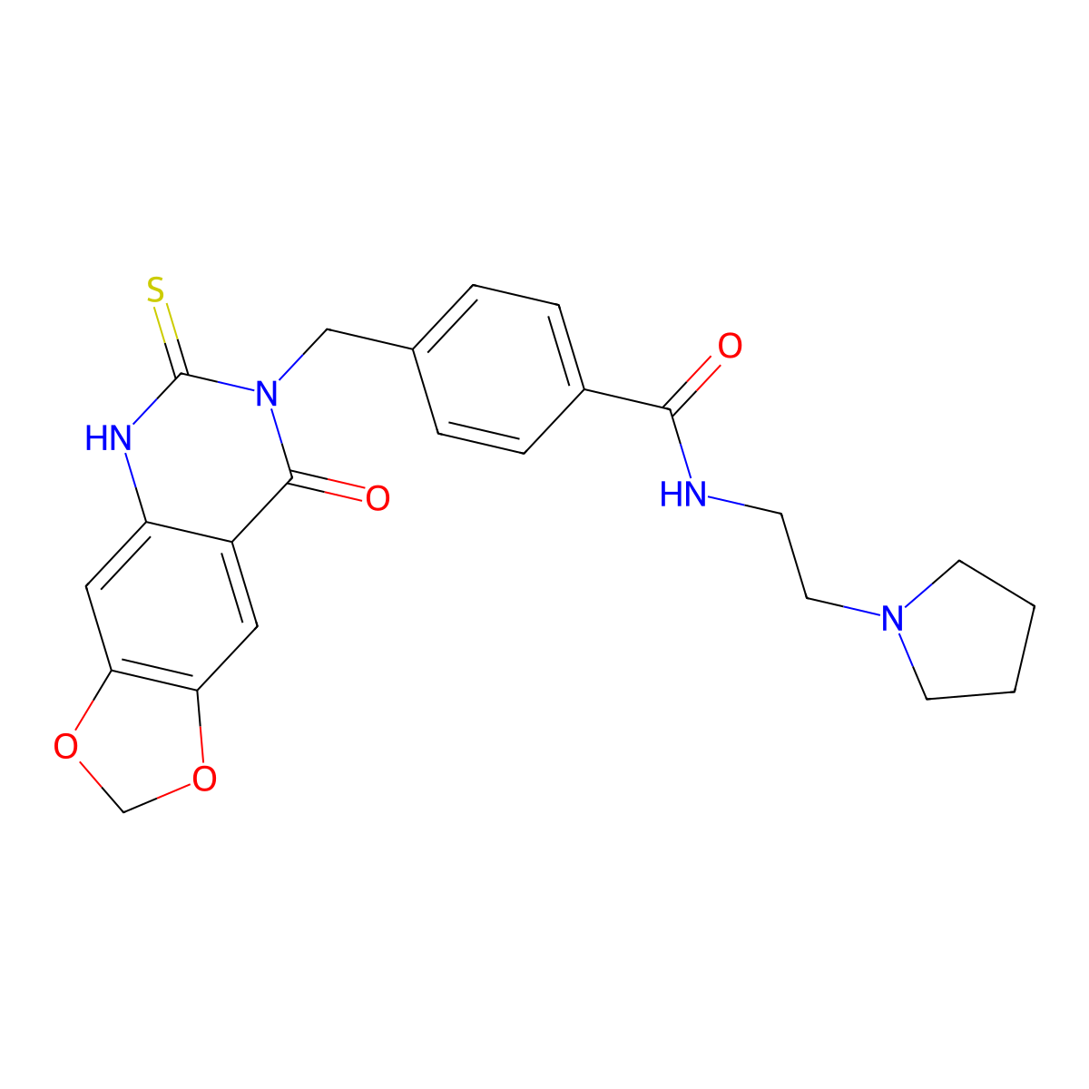 4-[(8-oxo-6-thioxo-5,8-dihydro[1,3]dioxolo[4,5-g]quinazolin-7(6H)-yl)methyl]-N-(2-pyrrolidin-1-ylethyl)benzamide molecular structure, CAS 688055-55-2