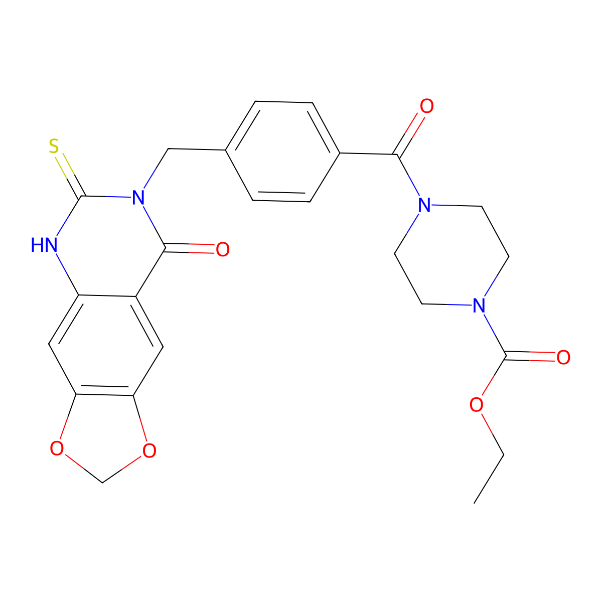 ethyl 4-{4-[(8-oxo-6-thioxo-5,8-dihydro[1,3]dioxolo[4,5-g]quinazolin-7(6H)-yl)methyl]benzoyl}piperazine-1-carboxylate molecular structure, CAS 688055-66-5