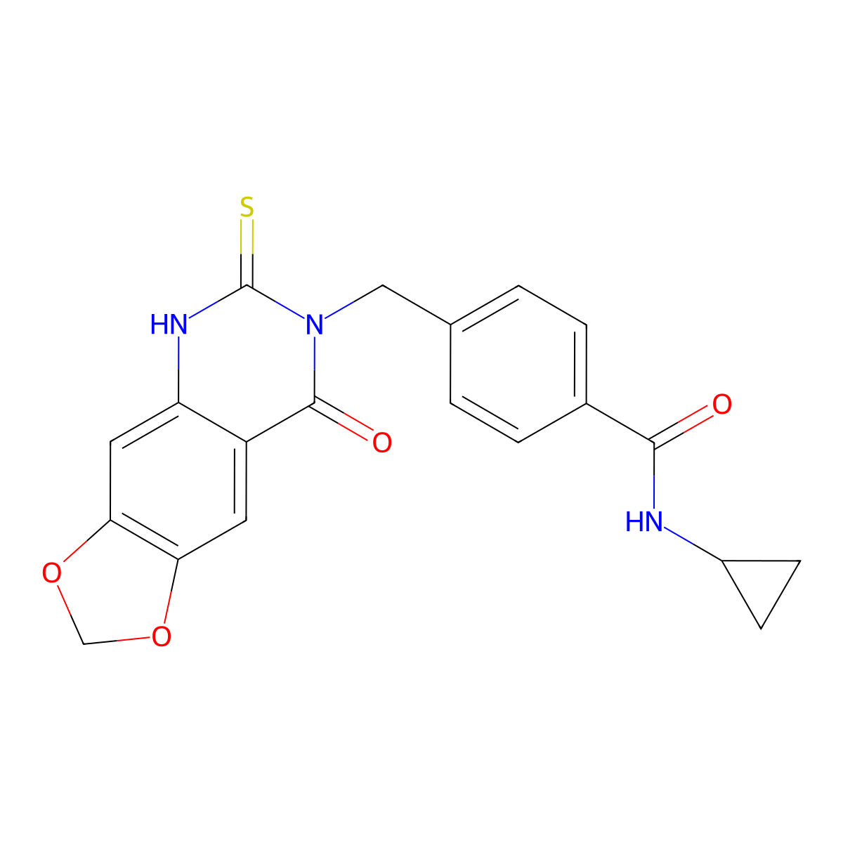 N-cyclopropyl-4-[(8-oxo-6-sulfanylidene-5H-[1,3]dioxolo[4,5-g]quinazolin-7-yl)methyl]benzamide molecular structure, CAS 688055-89-2