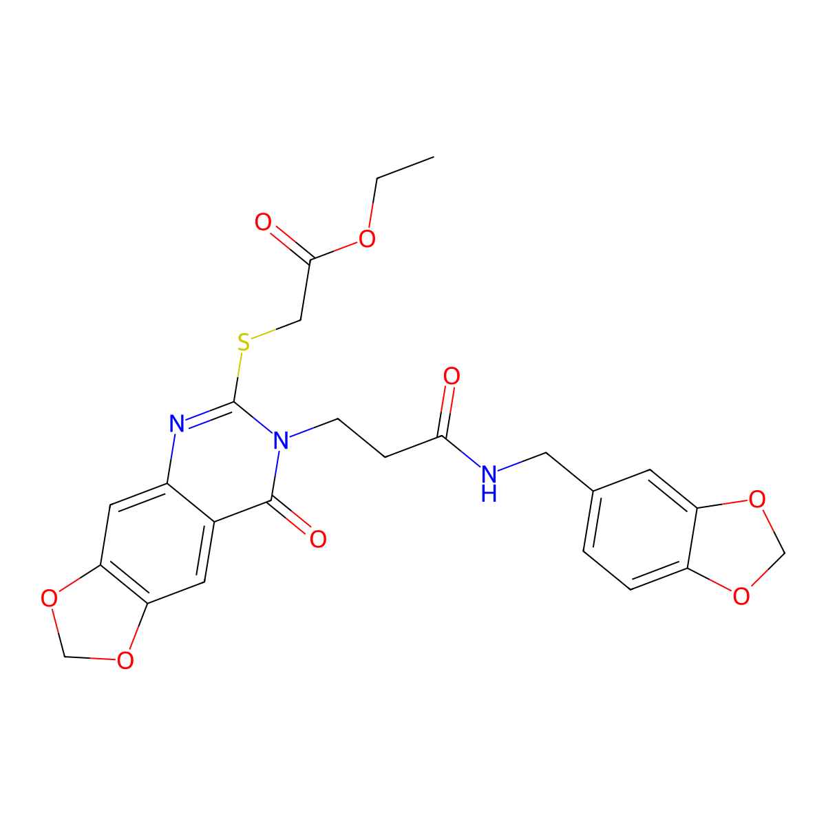 Ethyl 2-[[7-[3-(1,3-benzodioxol-5-ylmethylamino)-3-oxopropyl]-8-oxo-[1,3]dioxolo[4,5-g]quinazolin-6-yl]sulfanyl]acetate molecular structure, CAS 688059-48-5